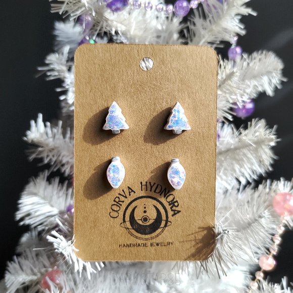 Handmade Polymer Clay Mini Christmas Tree and Bulb Stud Earrings .5" - Picture 1 of 5